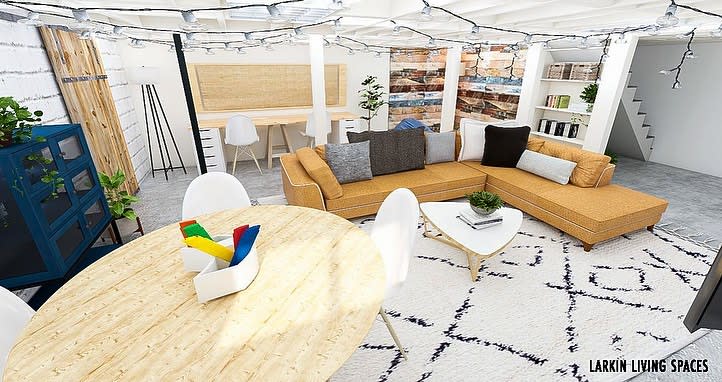 Modern basement living room with sectional sofa, round dining table, and string lights.